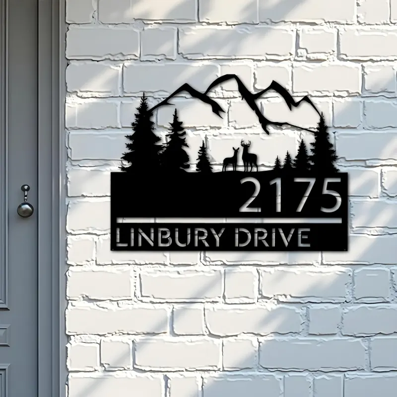 Custom Metal Deer couple mountain scene Metal Address Sign, House number, Outdoor Number Signage, Yard Sign Address Plate