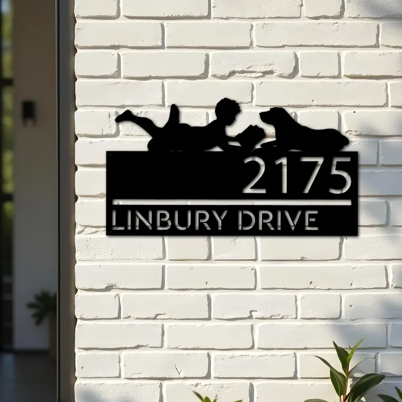 Custom Metal Boy reading book with dog Metal Address Sign, House number, Outdoor Number Signage, Yard Sign Address Plate