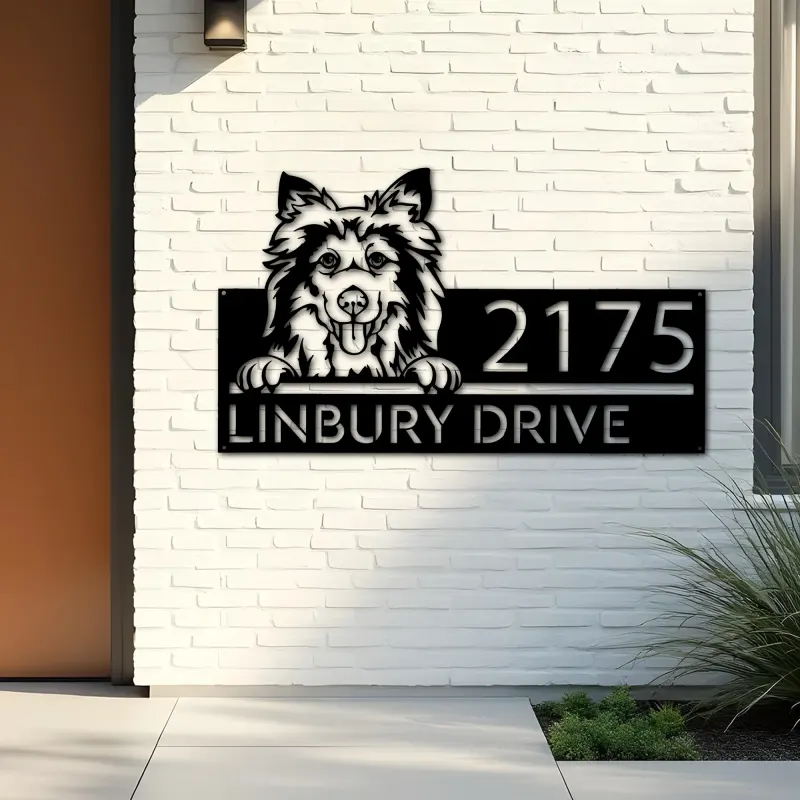 Custom Metal Shetland Sheepdog Cute puppy Metal Address Sign House number Hanging Address Plaque Yard Sign Outdoor decor