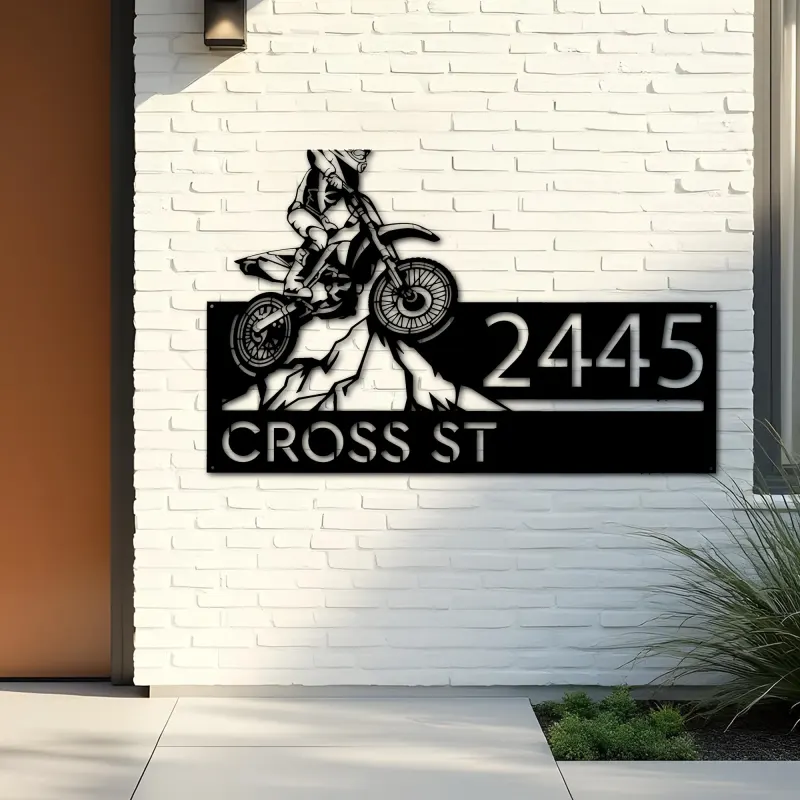 Custom Metal Dirtbike Motocross rider Mountain climbing Metal Address Sign, House number, Outdoor Number Signage, Yard Sign Address Plate