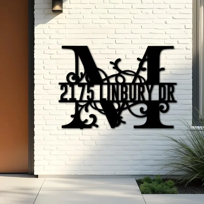 Custom Metal Floral Monogram Split Letter M Metal Address Sign House number Hanging Address Plaque Yard Sign Outdoor decor
