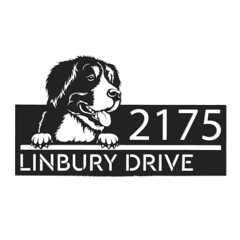 Custom Metal Big mountain dog Puppy Metal Address Sign House number Hanging Address Plaque Yard Sign Outdoor decor