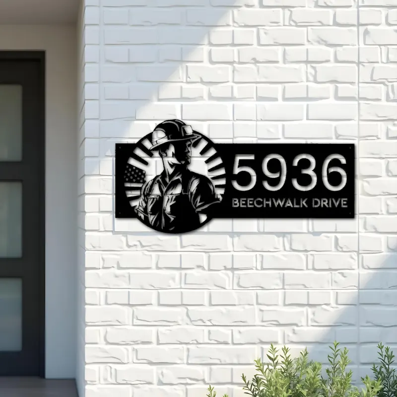 Custom Metal US Construction worker Metal Address Sign, House number, Outdoor Number Signage, Yard Sign Address Plate