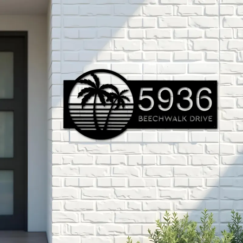 Custom Metal Palm tree sunset Metal Address Sign, House number, Outdoor Number Signage, Yard Sign Address Plate