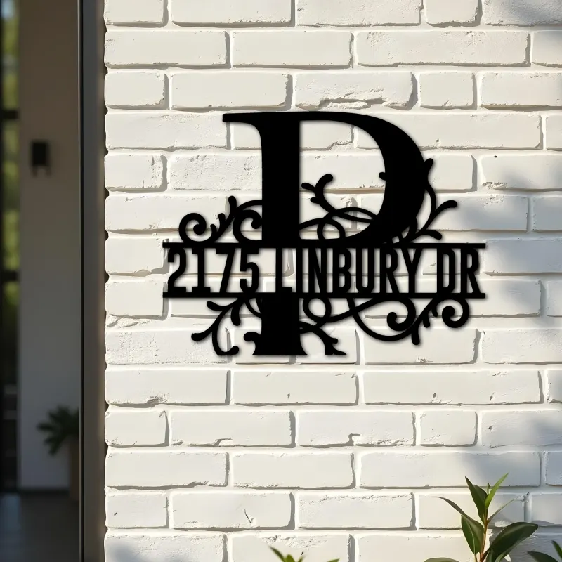 Custom Metal Floral Monogram Split Letter P Metal Address Sign House number Hanging Address Plaque Yard Sign Outdoor decor