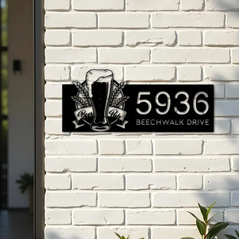 Custom Metal Beer Pub bar Metal Address Sign, House number, Outdoor Number Signage, Yard Sign Address Plate