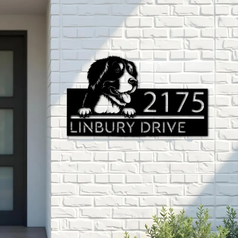 Custom Metal Big mountain dog Puppy Metal Address Sign House number Hanging Address Plaque Yard Sign Outdoor decor