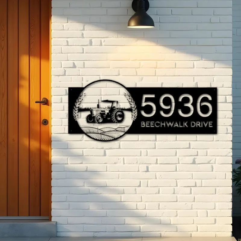 Custom Metal Tractor on farm field Metal Address Sign, House number, Outdoor Number Signage, Yard Sign Address Plate