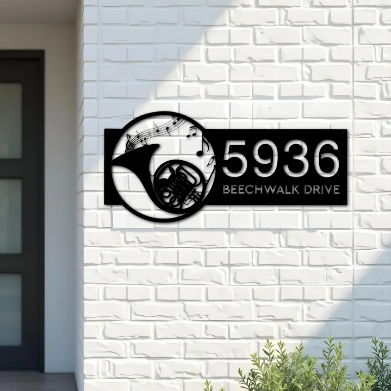 Custom Metal French horn musical instrument Metal Address Sign Custom House number Hanging Address Plaque Yard Sign Outdoor