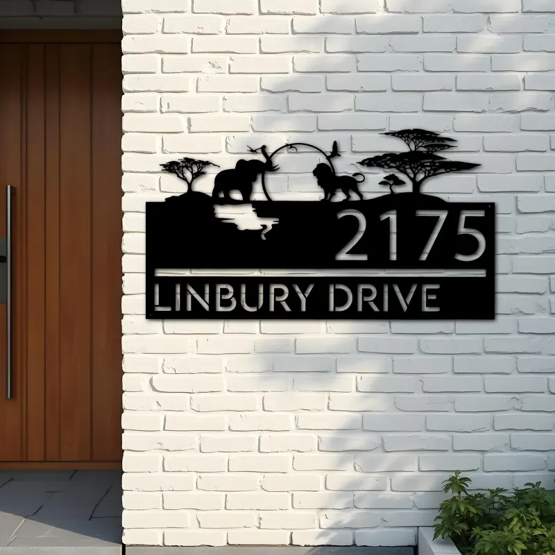 Custom Metal Safari scene african wild life Metal Address Sign, House number, Outdoor Number Signage, Yard Sign Address Plate