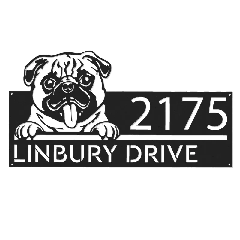Custom Metal Pug Dog Cute puppy Metal Address Sign House number Hanging Address Plaque Yard Sign Outdoor decor