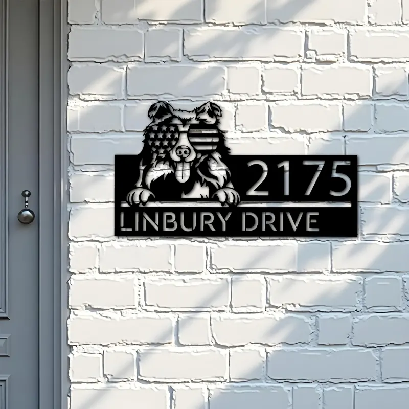 Custom Metal Collie dog US flag glasses Metal Address Sign House number Hanging Address Plaque Yard Sign Outdoor decor