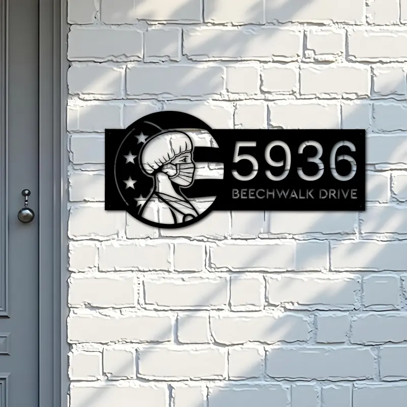 Custom Metal American Nurse Wearing Mask Metal Address Sign, House number, Outdoor Number Signage, Yard Sign Address Plate