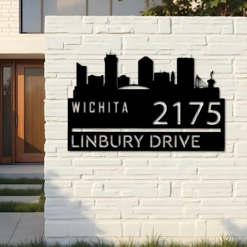 Custom Metal Wichita city skyline Metal Address Sign Hanging Address Plaque house number Yard Outdoor Sign