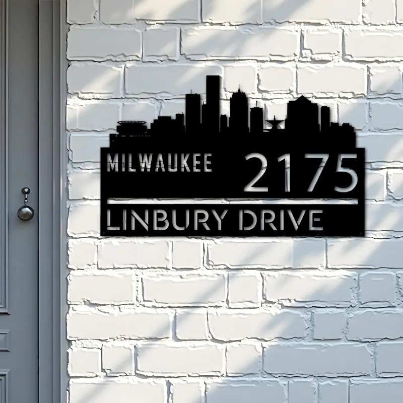 Custom Metal Milwaukee city skyline Metal Address Sign Hanging Address Plaque house number Yard Outdoor Sign