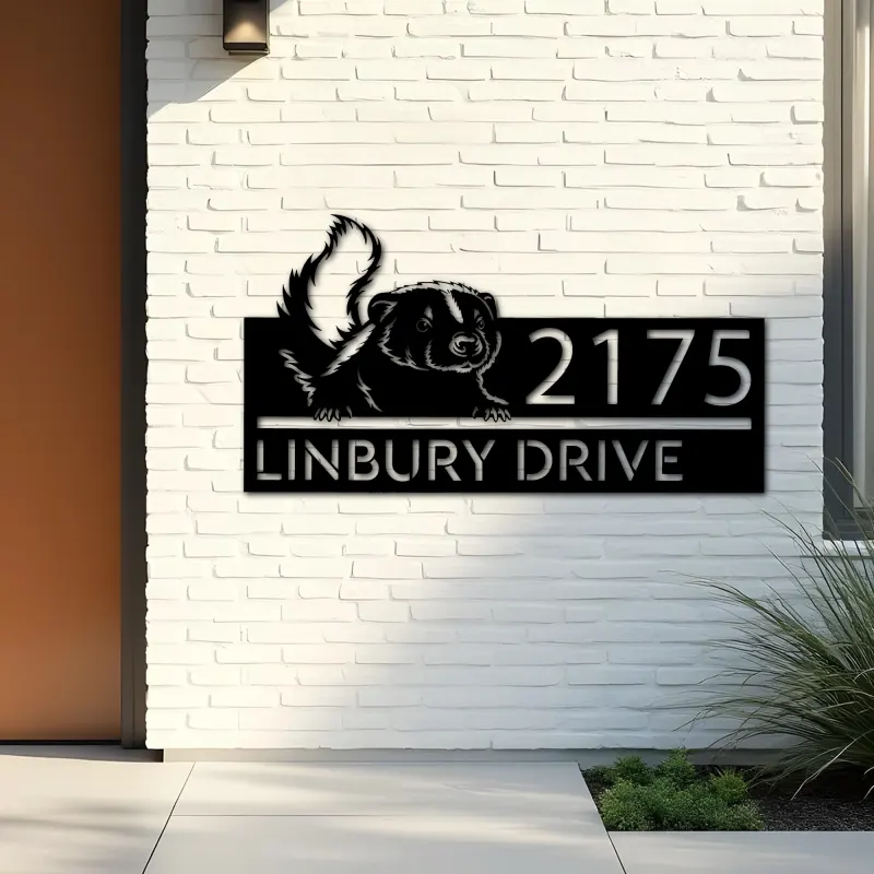 Custom Metal Peeking Skunk Wild animal wildlife Metal Address Sign, House number, Outdoor Number Signage, Yard Sign Address Plate
