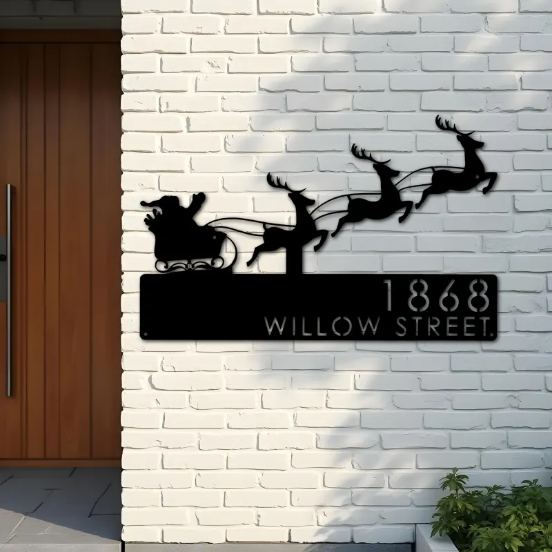Custom Metal Santa claus Christmas Reindeer sleigh Metal Address Sign, House number, Outdoor Number Signage, Yard Sign Address Plate