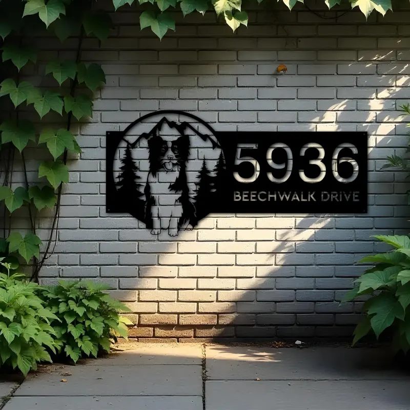 Custom Metal Dog mountain scene Metal Address Sign, House number, Outdoor Number Signage, Yard Sign Address Plate