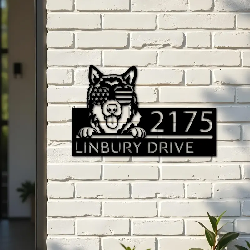 Custom Metal Alaskan Malamute dog US glasses Metal Address Sign House number Hanging Address Plaque Yard Sign Outdoor decor