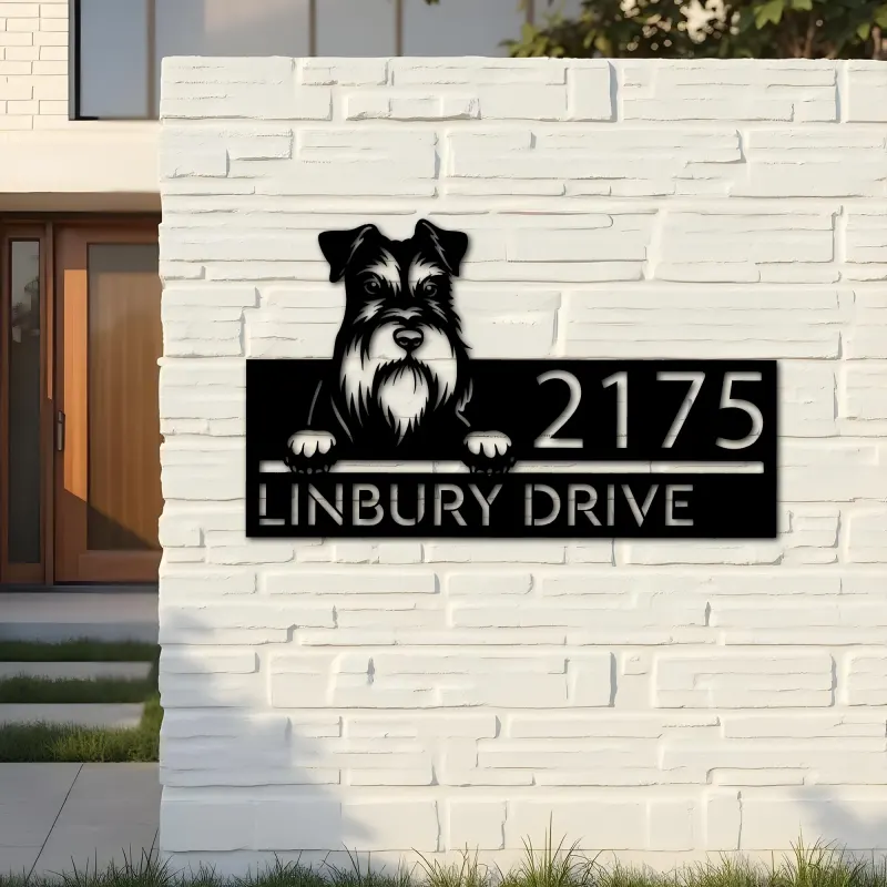 Custom Metal Miniature Schnauzer dog Puppy Metal Address Sign House number Hanging Address Plaque Yard Sign Outdoor decor