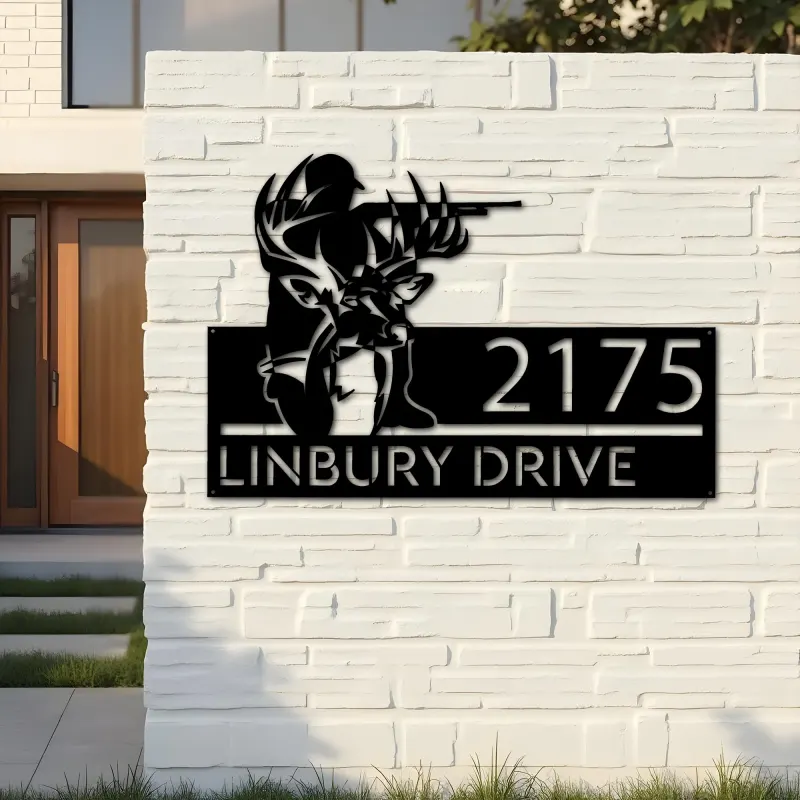 Custom Metal Deer hunter deer hunting Metal Address Sign, House number, Outdoor Number Signage, Yard Sign Address Plate