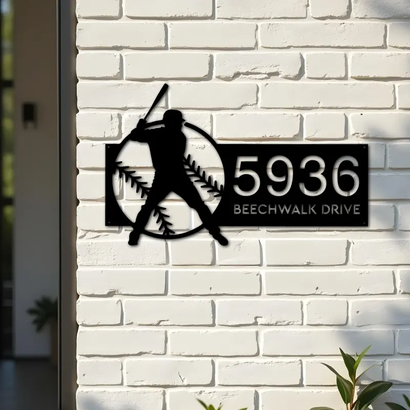 Custom Metal Baseball player Sport Metal Address Sign, House number, Outdoor Number Signage, Yard Sign Address Plate002