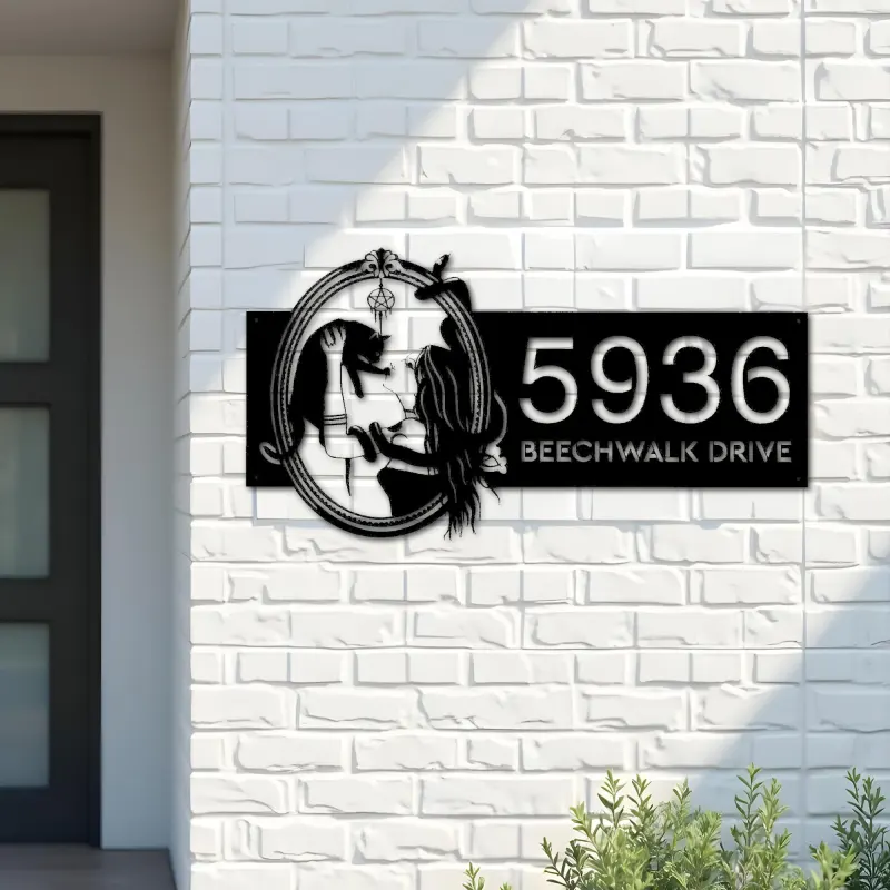 Custom Metal Witch and black cat Metal Address Sign House number Hanging Address Plaque Yard Outdoor Sign