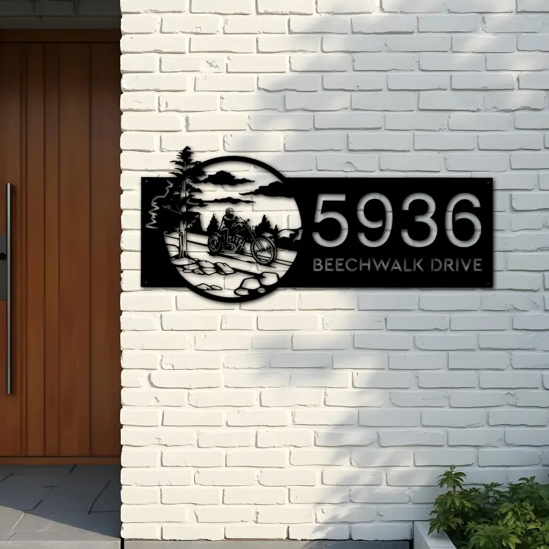 Custom Metal Motocycle Biker Bike rider Metal Address Sign, House number, Outdoor Number Signage, Yard Sign Address Plate