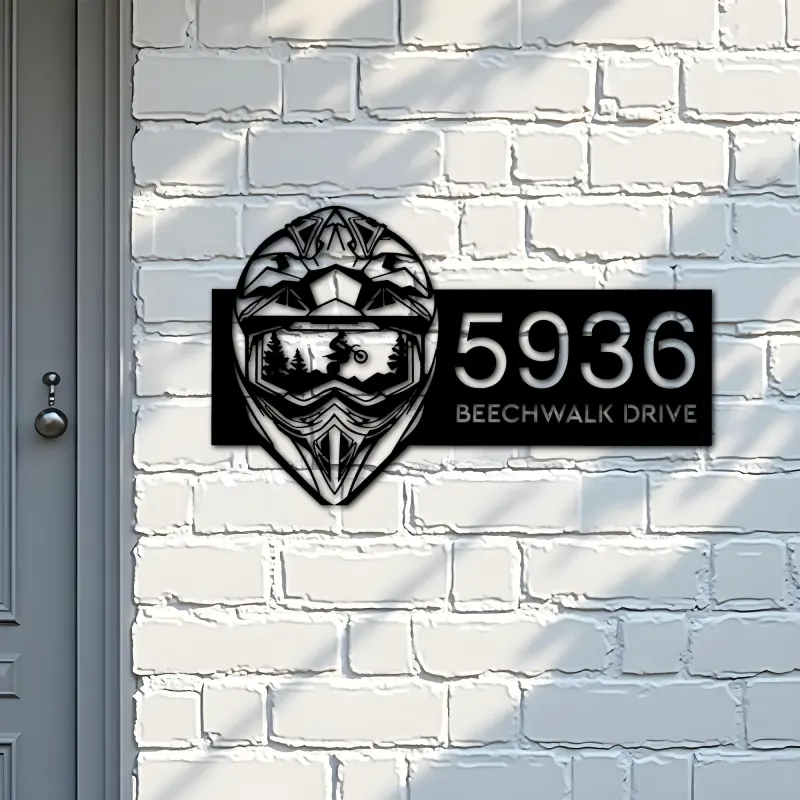 Custom Metal Helmet motocross biker Metal Address Sign, House number, Outdoor Number Signage, Yard Sign Address Plate