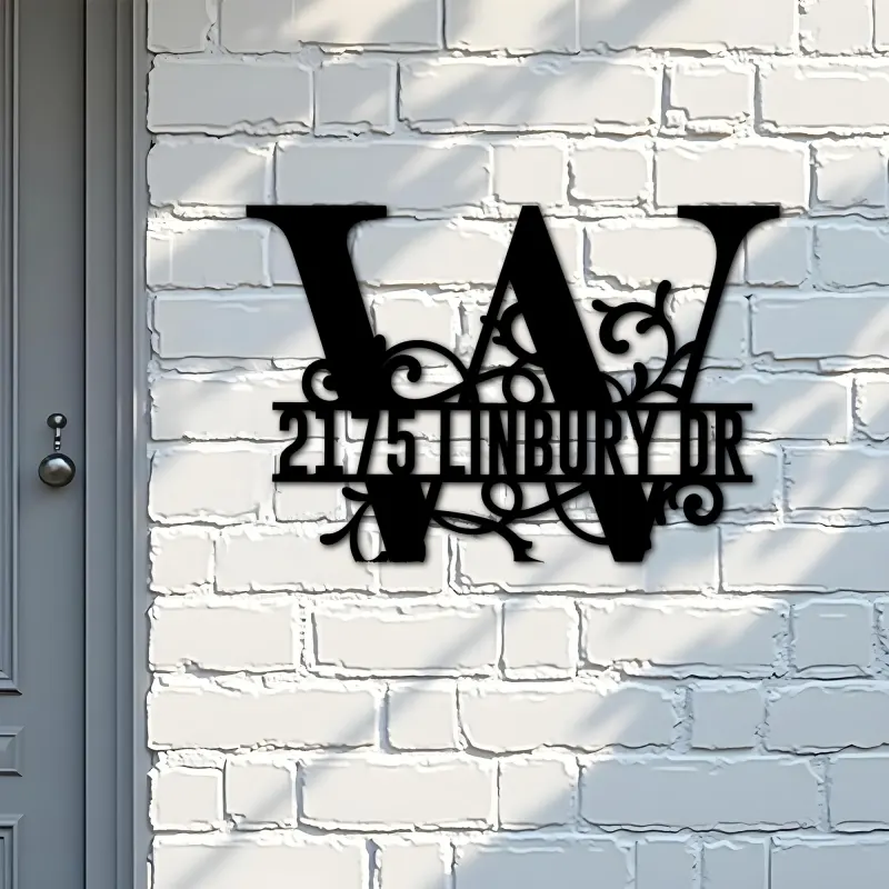 Custom Metal Floral Monogram Split Letter W Metal Address Sign House number Hanging Address Plaque Yard Sign Outdoor decor