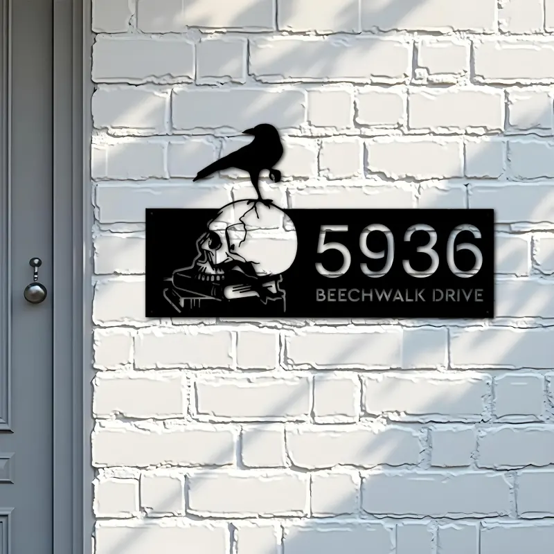 Custom Metal Raven on skull halloween Metal Address Sign, House number, Outdoor Number Signage, Yard Sign Address Plate