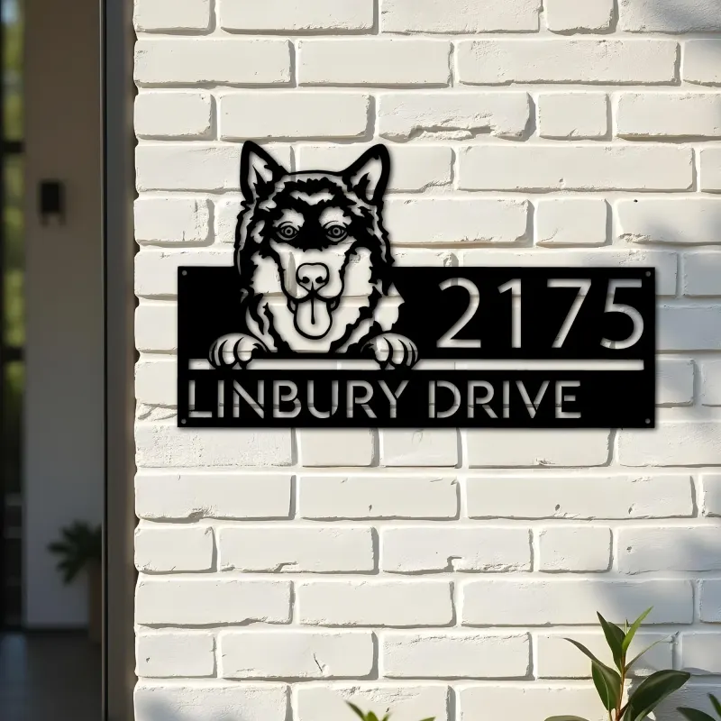 Custom Metal Alaskan Malamute dog cute puppy Metal Address Sign House number Hanging Address Plaque Yard Sign Outdoor decor