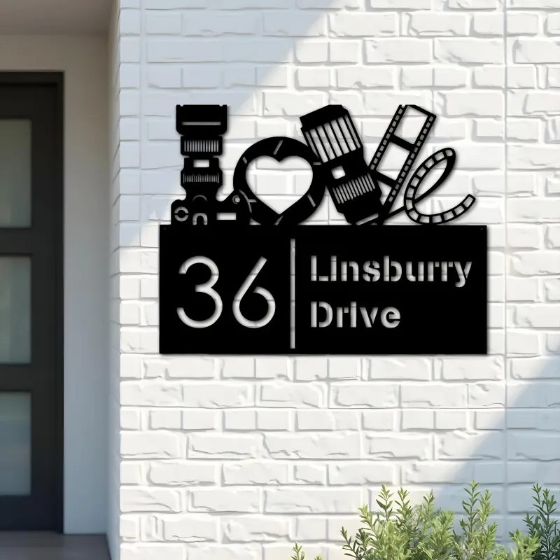 Custom Metal Love Photography Camera Photographer Metal Address Sign, House number, Outdoor Number Signage, Yard Sign Address Plate