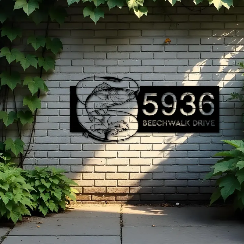 Custom Metal Walleye fishing rod bait hook Metal Address Sign, House number, Outdoor Number Signage, Yard Sign Address Plate