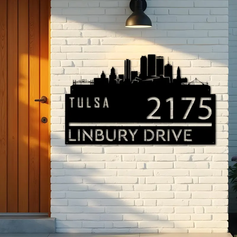 Custom Metal Tulsa city skyline Metal Address Sign Hanging Address Plaque house number Yard Outdoor Sign