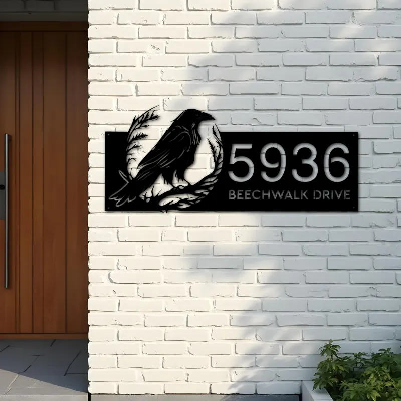Custom Metal Crow Raven Metal Address Sign, House number, Outdoor Number Signage, Yard Sign Address Plate