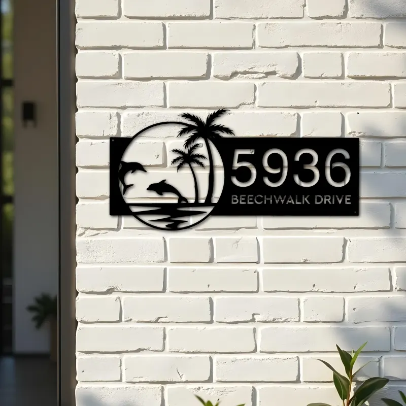 Custom Metal Dolphins Palm trees Metal Address Sign, House number, Outdoor Number Signage, Yard Sign Address Plate