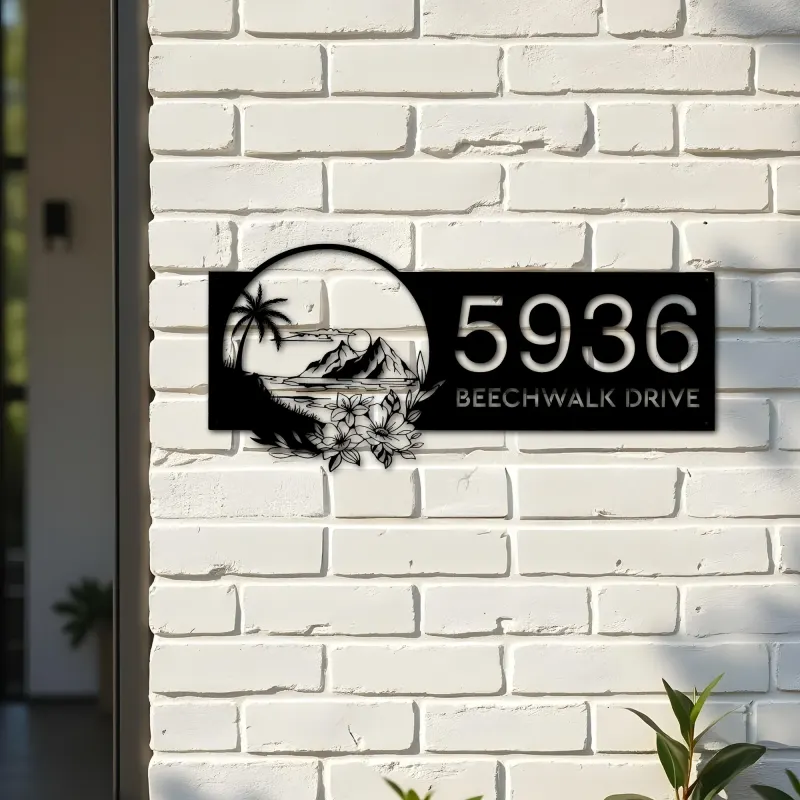 Custom Metal Floral tropical Beach island scene Metal Address Sign, House number, Outdoor Number Signage, Yard Sign Address Plate