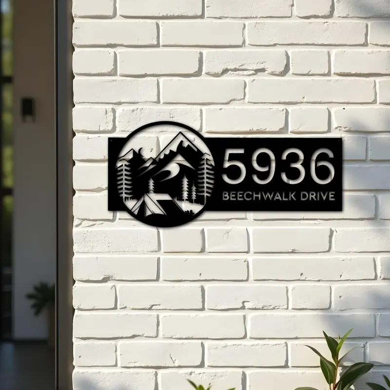 Custom Metal Camping tent adventure Metal Address Sign Custom House number Hanging Address Plaque Yard Sign Outdoor