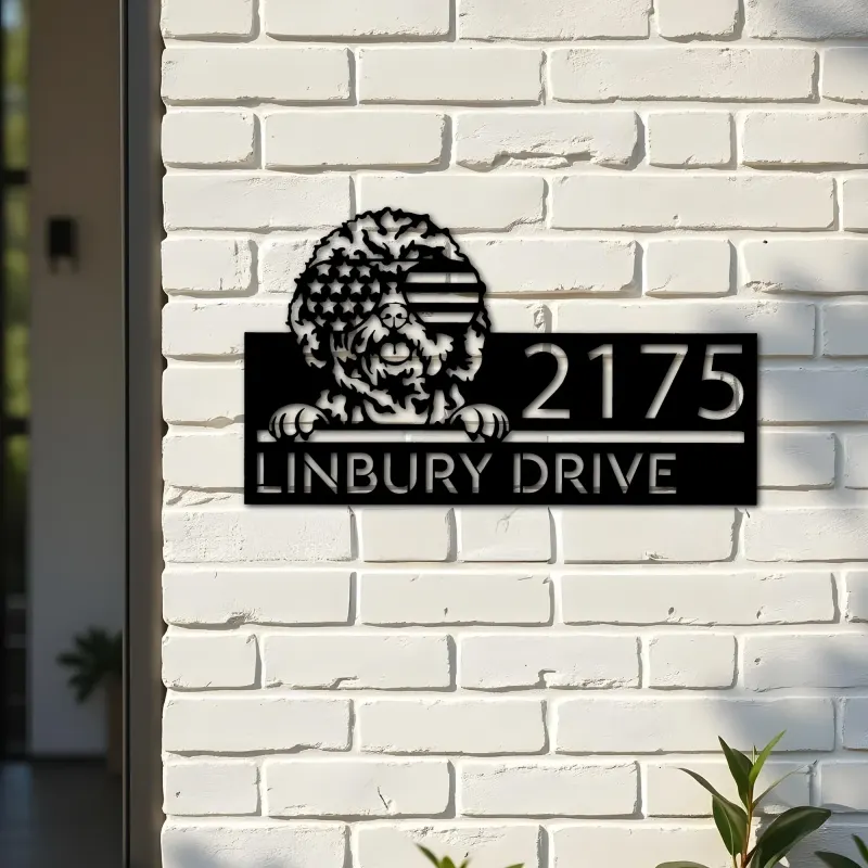 Custom Metal Cavapoo dog US flag glasses Metal Address Sign House number Hanging Address Plaque Yard Sign Outdoor decor