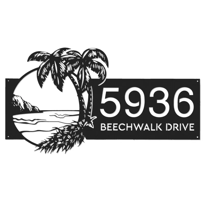 Custom Metal Island Beach Scene Palm Tree Metal Address Sign, House number, Outdoor Number Signage, Yard Sign Address Plate