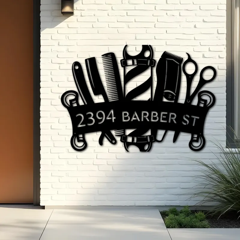 Custom Metal Barbershop Hair Stylist Barber Metal Address Sign, House number, Outdoor Number Signage, Yard Sign Address Plate