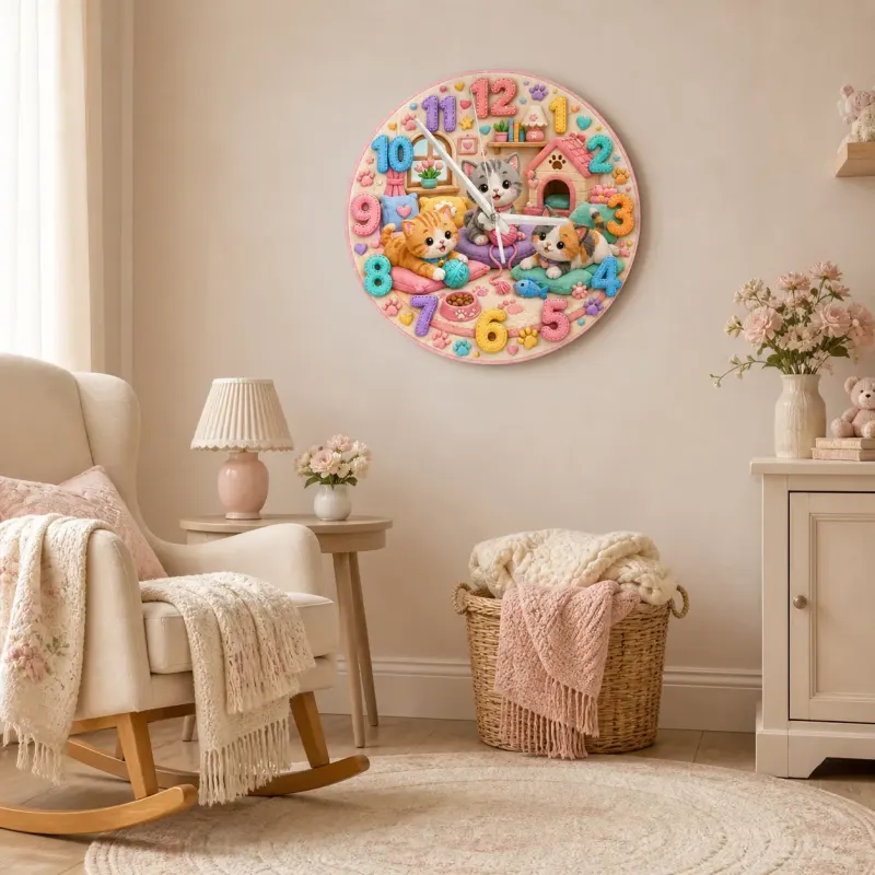 Playful Pastel Kittens Kids Room Wall Clock
