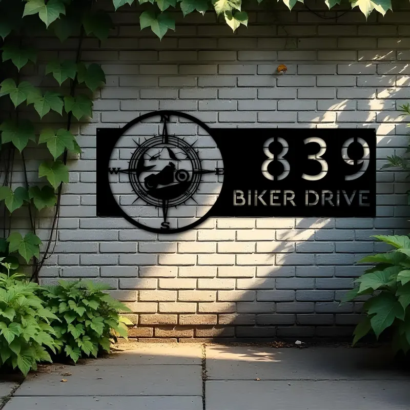 Custom Metal Motorcycle mountain compass Biker Metal Address Sign, House number, Outdoor Number Signage, Yard Sign Address Plate