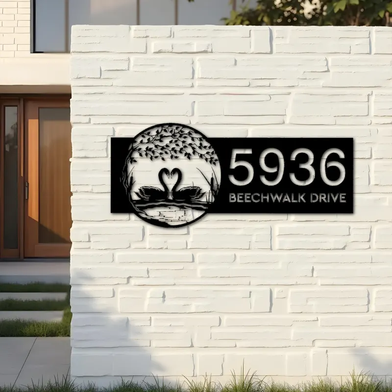Custom Metal Tree and Swan Couple on Lake Metal Address Sign, House number, Outdoor Number Signage, Yard Sign Address Plate
