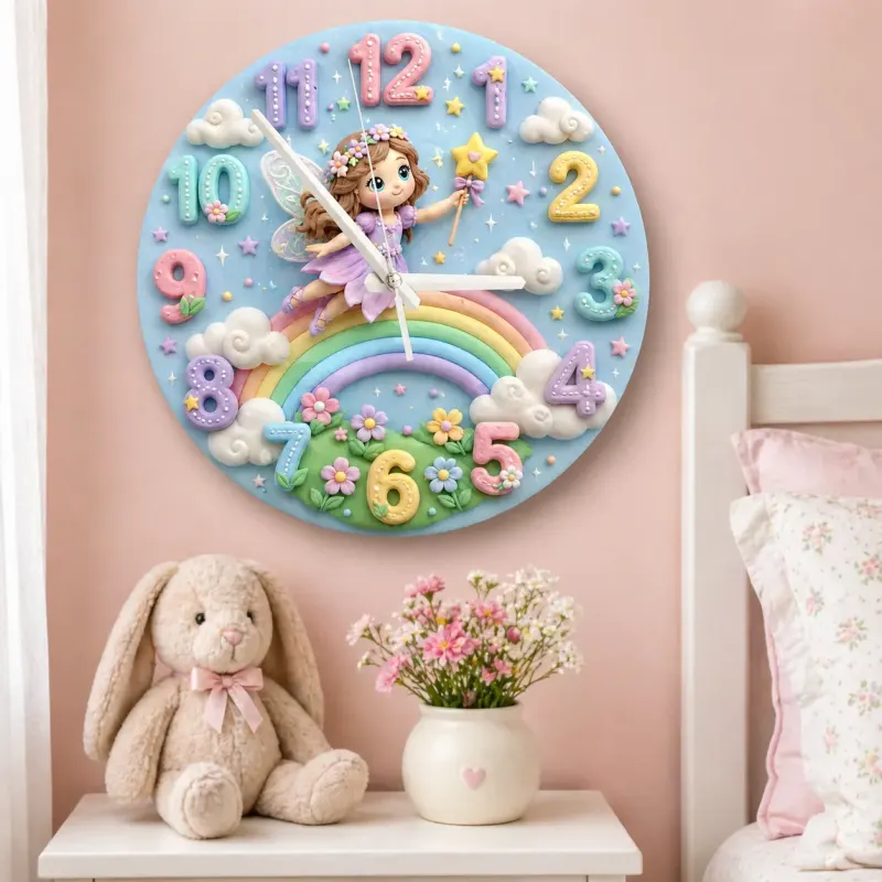 Pastell Fee und Regenbogen Wanduhr für Kinderzimmer | Magische Dekoration für das Kinderzimmer, Verspieltes Geschenk für Mädchen (34,5 cm)