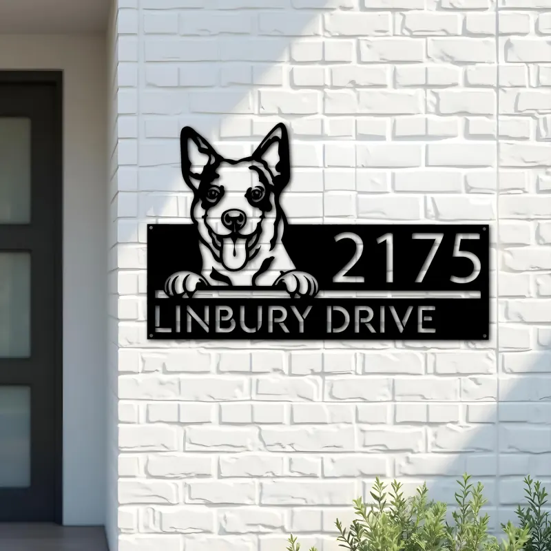 Custom Metal Australian Cattle dog cute puppy Metal Address Sign House number Hanging Address Plaque Yard Sign Outdoor decor