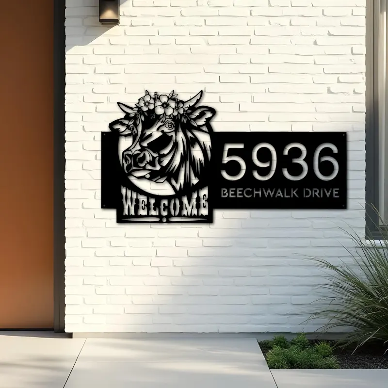 Custom Metal Cow Farm house Ranch welcome Metal Address Sign, House number, Outdoor Number Signage, Yard Sign Address Plate