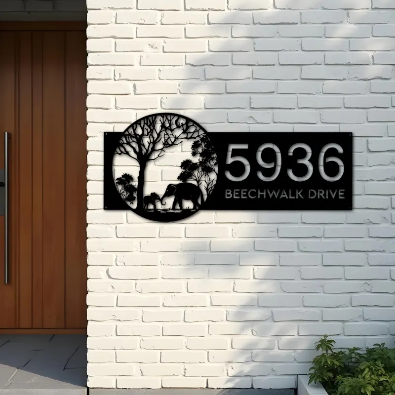 Custom Metal Elephants mother and child in forest Metal Address Sign, House number, Outdoor Number Signage, Yard Sign Address Plate