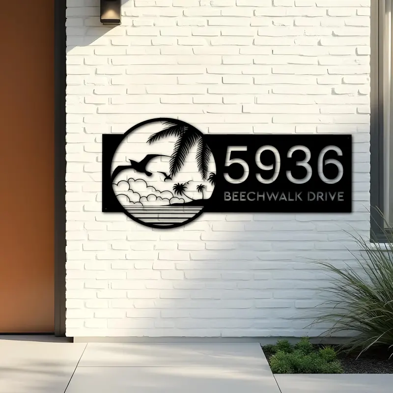 Custom Metal Birds island palm tree Metal Address Sign House number Hanging Address Plaque Yard Sign Outdoor